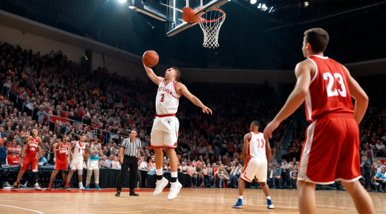 篮球比赛中球员跃起投篮，篮筐与观众席背景清晰