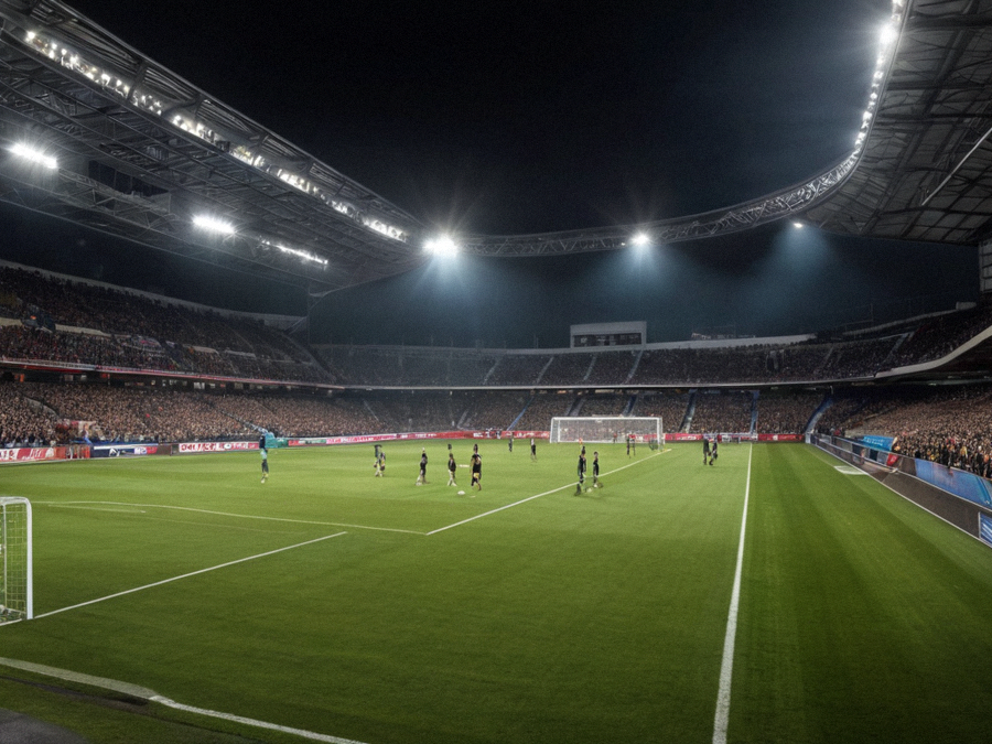 夜间灯光球场内正在进行足球比赛的全景画面